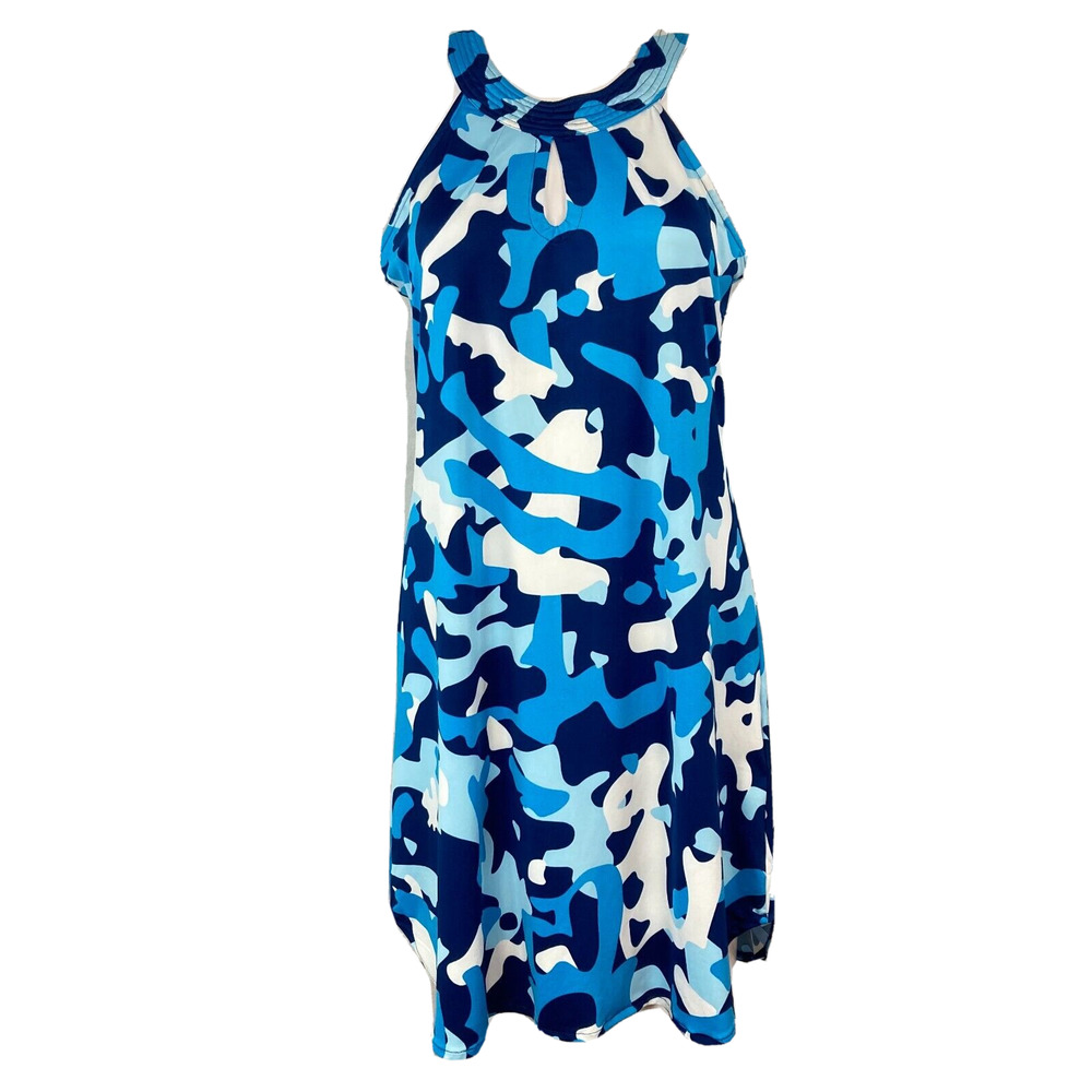 Escapada Living Dress Womens Sz S Blue Camo Halter Knee Length Sheath Shift